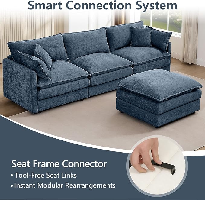 GNIXUU 102 Modular Sectional Sofa L Shaped Cloud Couch with Movable Ottoman &amp 4 Pillows Deep Seat Chenille 4 Seater Sectional Couches for Living Room Apartment (Blue)