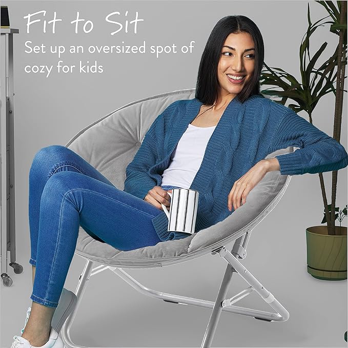 Urban Living Micromink Foldable Saucer Chair Compact Portable Lounge Seat Lightweight Comfortable Indoor Outdoor Relaxation Furniture Ergonomic Design Home Dorm Room Chair Grey