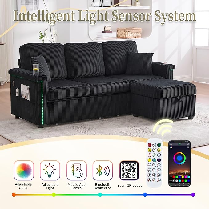 76.8 L-Shaped Sleeper Sofa with Storage Ottoman USB Ports Cup Holders&ampLED Lights Side Pockets Comfy Corduroy Modern 3-Seater Small Couch Bed for Living Room with 2 Throw Pillows (Black)