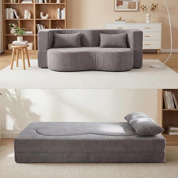 2-in-1 Folding Convertible Sofa Bed - 78 Inch Boneless Teddy Loveseat Sleeper Foldable Floor Futon Couch with Pillow Pull-Out Modular Matress for Small Spaces (Living Room/Bedroom/Dorm) (Gray)