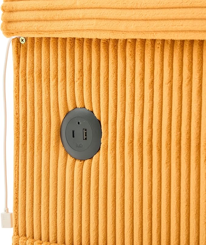 SLEERWAY 76.8 L-Shaped Sofa with Storage Ottoman USB Ports Cup Holders&ampLED Lights Side Pocket Comfy Corduroy Modern 3-Seater Small Couch Bed for Living Room with 2 Throw Pillows (Yellow)