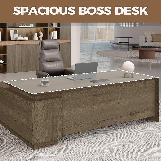L-Shaped Executive Workstation with Lockable Drawers 63” Large Office Furniture with Storage Cabinet &amp Cable Management Reversible Home Office Setup (Walnut 63”×32”×30”)
