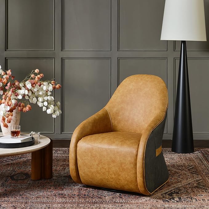Two-Tone Leather Swivel Barrel Chair Accent Chair with Solid Wood Frame No Assembly for Living Room or Office (Camel)