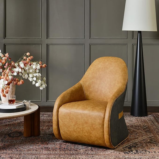 Two-Tone Leather Swivel Barrel Chair Accent Chair with Solid Wood Frame No Assembly for Living Room or Office (Camel)