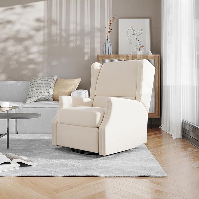 Flash Furniture Omma Swivel Glider Rocking Recliner Manual Wingback Recliner with 360 Degree Swivel for Living Room Bedroom or Nursery Upholstered Cream