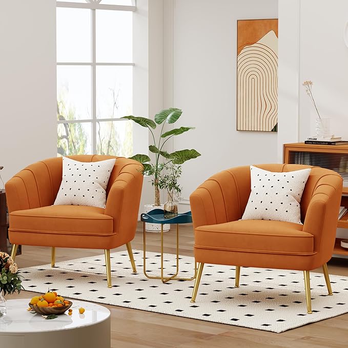 Velvet Accent Chairs for Living Room Bedroom Office Leisure Upholstered Single Sofa Chair Arm Chair Comfy Chair Reading Club Coffee Chair with Metal Legs Orange