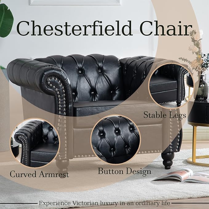 Oversized Chesterfield Chair PU Leather Accent Chair with Tufted Back Club Chair for Living Room Bedroom Gothic Victorian (Black)