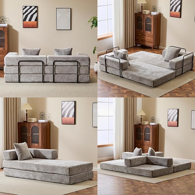 Convertible Floor Sofa Bed Fold Out Floor Couch with Pillow Back &amp Armrest Compressed Couch with Fixed-Shape Frame Chenille Foldable Sleeper Sofa Bed for Living Room Bedroom Light Grey