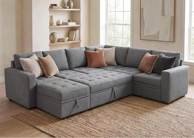 HONBAY Modular Sectional Couch with Pull Out Bed Sleeper Sofa with Storage U Shaped Modular Sectional Couches for Living RoomMid Grey