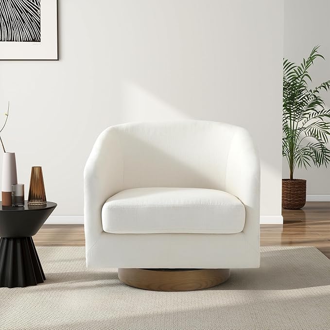 Swivel Barrel Chair Modern Round PU Leather Accent Armchair for Living Room Bedroom Oversized Comfy Club Reading Chairs for Adults (Fabric Beige Set of 1)