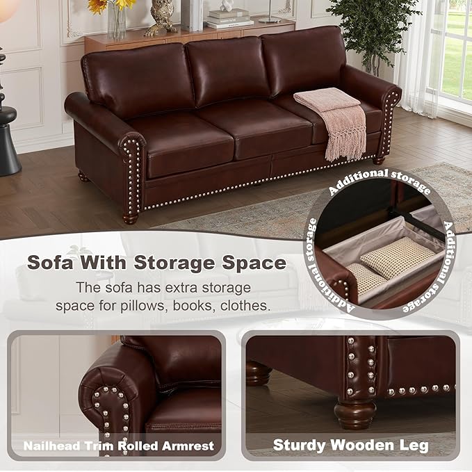 2 Piece Faux Leather Sofa SetModern Couch and Loveseat Sets with StorageMid Century Couch with Rivet Rolled ArmComfy Deep Seat SofaFurniture for Living RoomOffice(Loveseat+3 SeaterBurgundy)