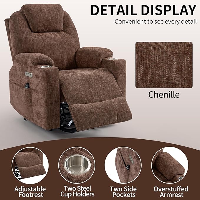 Chenille Electric Power Lift Recliner Chair Massage Single Sofa with Vibration Massage and Lumbar Heating Ergonomic Lounge Couch with Cup Holders and USB Charge Port for Living Room (Brown)