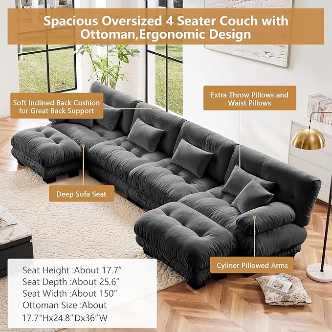 Aoowow Modern Modular Sectional Sofa173.2 Oversized 4 Seater U-Shaped CouchChenille Cloud Couches for Living RoomTufted 4 Seat Cloud Sofa Deep Seat (Chenille Grey 4 Seater with 2 Ottomans)