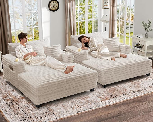 HUSFU Chaise Lounge Chair Indoor 60'' Oversized Sleeper Sofa Chaise Lounge Reading Chairs for w/Cup Holder and USB&ampType C Port Fluffy Plush Faux Fur Cloud Sofas Couches for Living Room Beige