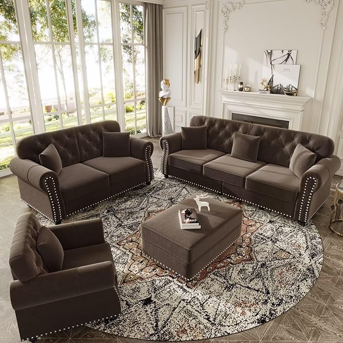 Mid-Century Modern Chesterfield Sofa Set Brown Velvet Tufted 1 Seater 2 Seater Loveseat 3 Seater Sofa with Ottoman Nailhead Trim &amp Rolled Arms Living Room Furniture