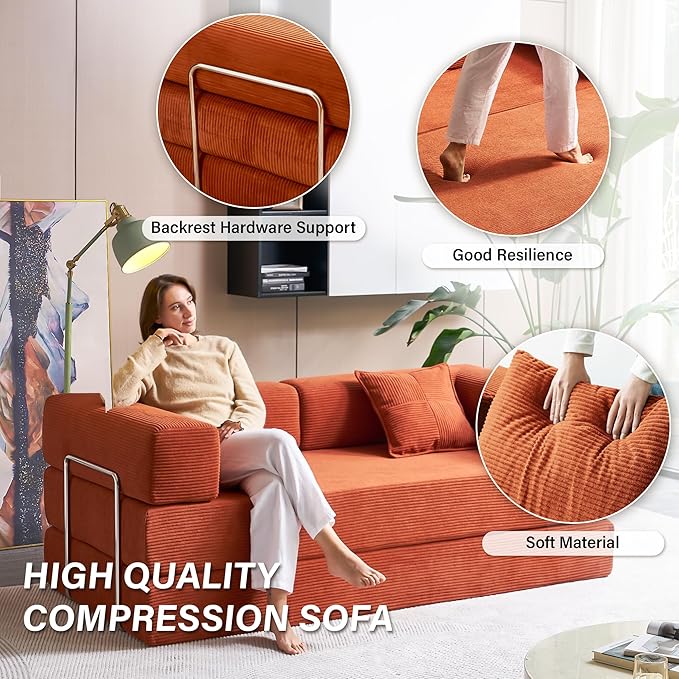 Compression Sofa - 78''Convertible Floor Sofa Bed - with Pillow Back Support Armrest - Comfy Foldable Sofa Bed Compressed Sofa in Box - Corduroy Fabric - for Living Room Bedroom - Tangerine