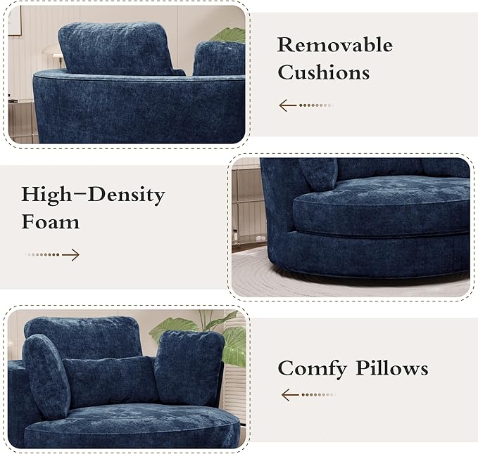Chifee &amp Vingol Swivel Accent Chair with Ottoman 50.2 Round Swivel Chair Storage Ottoman &amp Pillows 360° Barrel Chair for Living Room Bedroom OfficeChenilleNavy