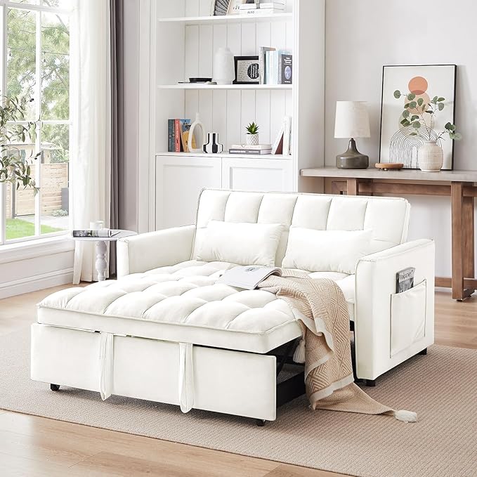 3 in 1 Convertible Sleeper Sofa BedFuton Loveseat Couch with Pull-Out Bed &amp Adjustable BackrestVelvet Fabric Sofa with Side Pocket for Small Apartment Living Room Office (Beige)