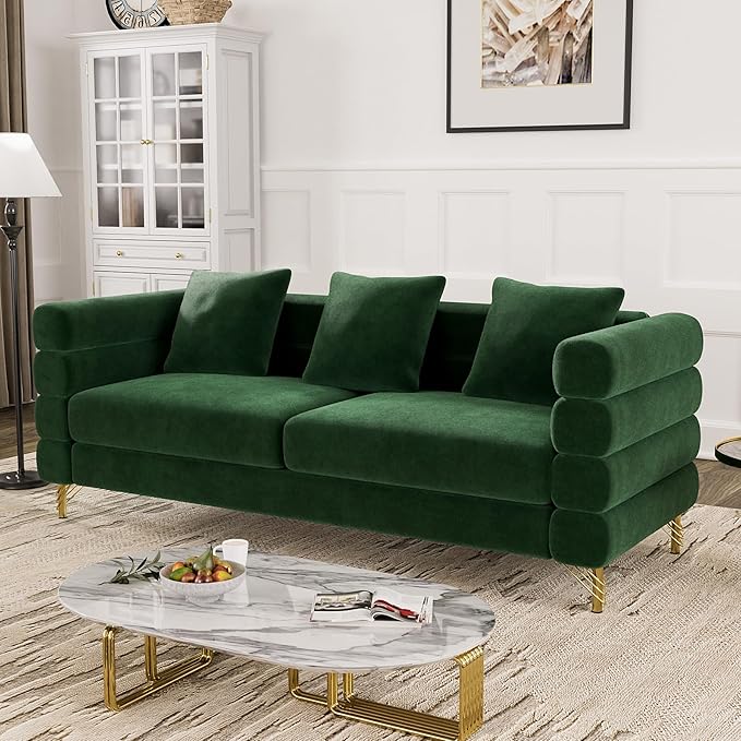 OUYESSIR Cloud Sofa Couch for Living Room 79 Comfy Deep Seat Velvet Sofa with 3 Pillows and Gold Legs Modern Upholstered 3 Seater Large Loveseat for Bedroom Office Emerald Green Velvet
