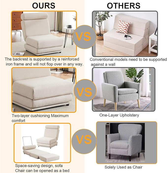 Convertible Chair Bed Sleeper&amp Floor Futon Sofa Bed Chair Fold Out Sleeper Chair Bed with Pillow Single Sofa Chair for Bedroom Living Room Small Space (Cream White)