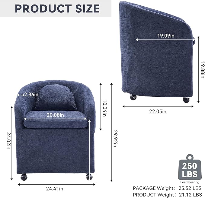 KEIKI Set of 1 Chenille Fabric Dining Armchair with Back Cushion and Universal Wheels Ergonomic Backrest 250 lbs Capacity Easy Assembly for Dining Room and Indoor Spaces