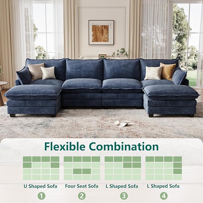 Modular Sectional U Shaped Sofa Couches for Living Room Cloud Couch with Movable Ottoman Comfy Chenille Sofa with Pillow for Bedroom and ApartmentBlue