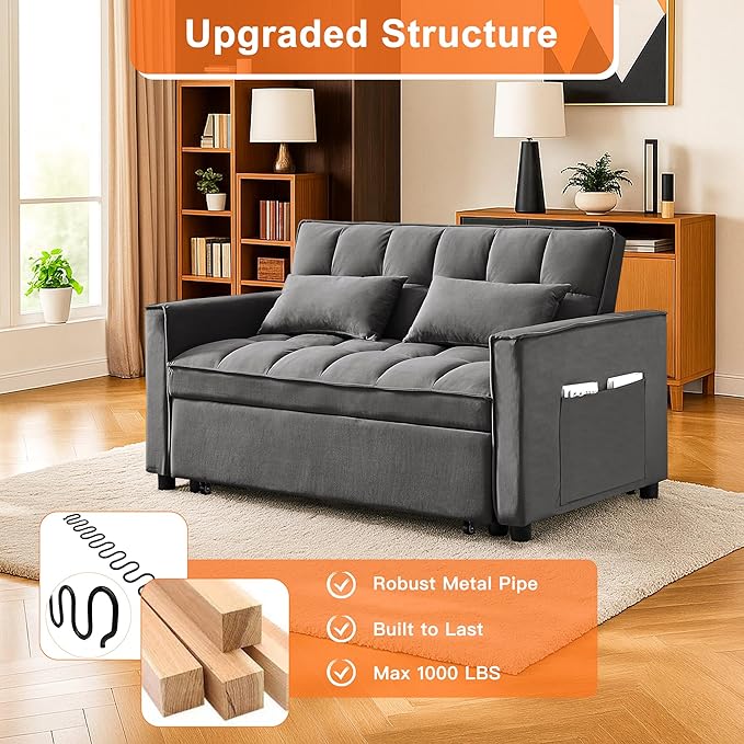 3 in 1 Convertible Sleeper Sofa BedFuton Loveseat Couch with Pull-Out Bed &amp Adjustable BackrestVelvet Fabric Sofa with Side Pocket for Small Apartment Living Room Office (Dark Grey)