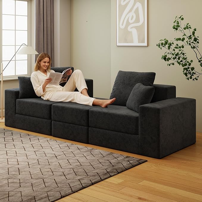 Cloud Modular Sectional Sofa Comfy Boneless Couch for Living Room Modern L-Shaped Couch with Reversible Chaise Customizable Sleeper Sofa with Non Slip No Assembly &amp Deep Seat Black