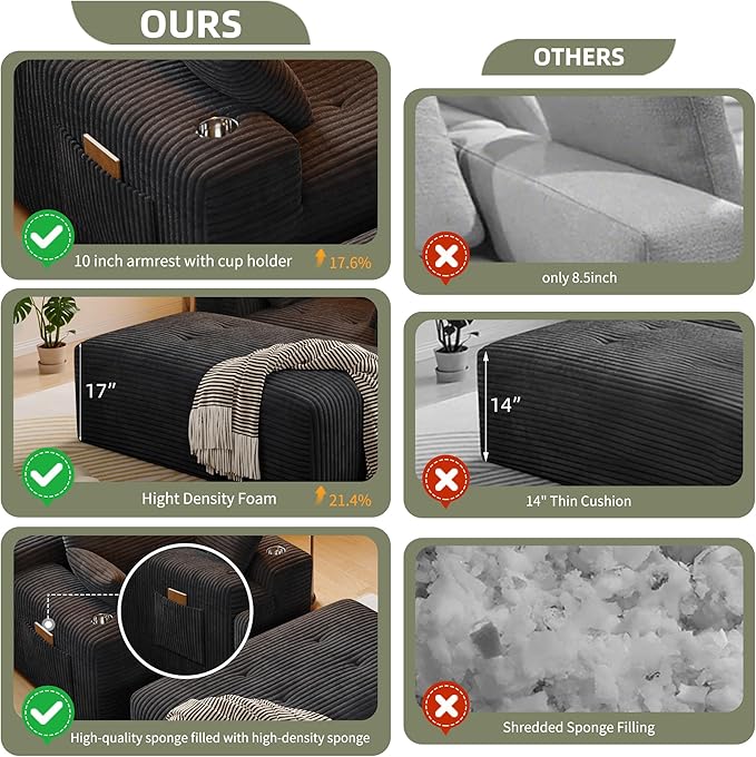 MoonSpeak 67 Boneless Reading Chair with Lounges Chaise Indoor Corduroy Cloud Couch with 1 Ottoman Upholstered Sleeper Sofa Bed with Wide Armrest and 3 Pillows for Living RoomReading Room(Black)