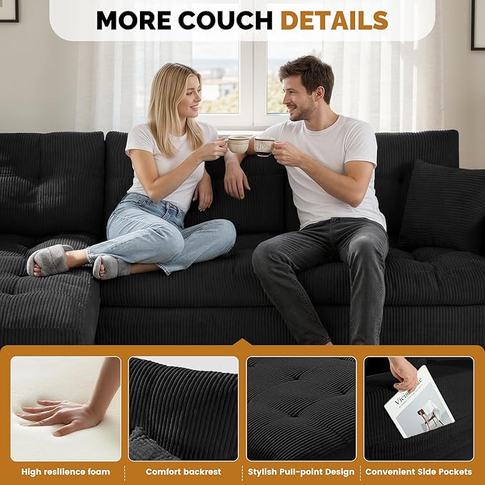 113 Modular Sectional Sofa for Living Room Convertible L-Shape Couch with OttomanCloud Boneless Couch with Layered CushionBlack Corduroy