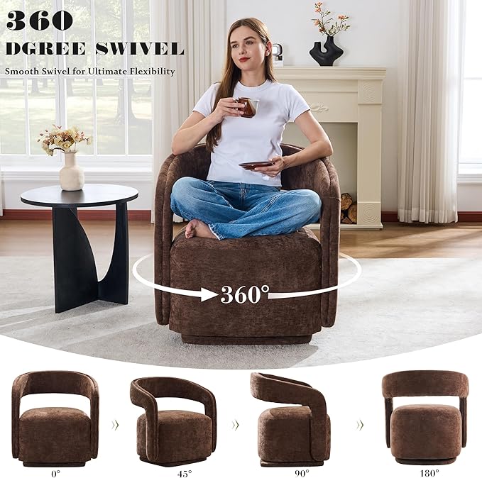 FOXHUNTER Swivel Accent Chair Set of 2 Modern Upholstered Barrel Chair Oversized Round Accent Armchair with Open Back Wooden Base for Living Room Chenil Brown