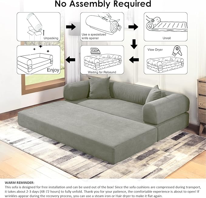 80 Convertible Sofa Bed No Assembly Modern Boneless Compression Sofa in Box 3-in-1 Corduroy Folding Pull Out Couch with Pillows Floor Couch with Side Storage Pocket for Living RoomLight Grey