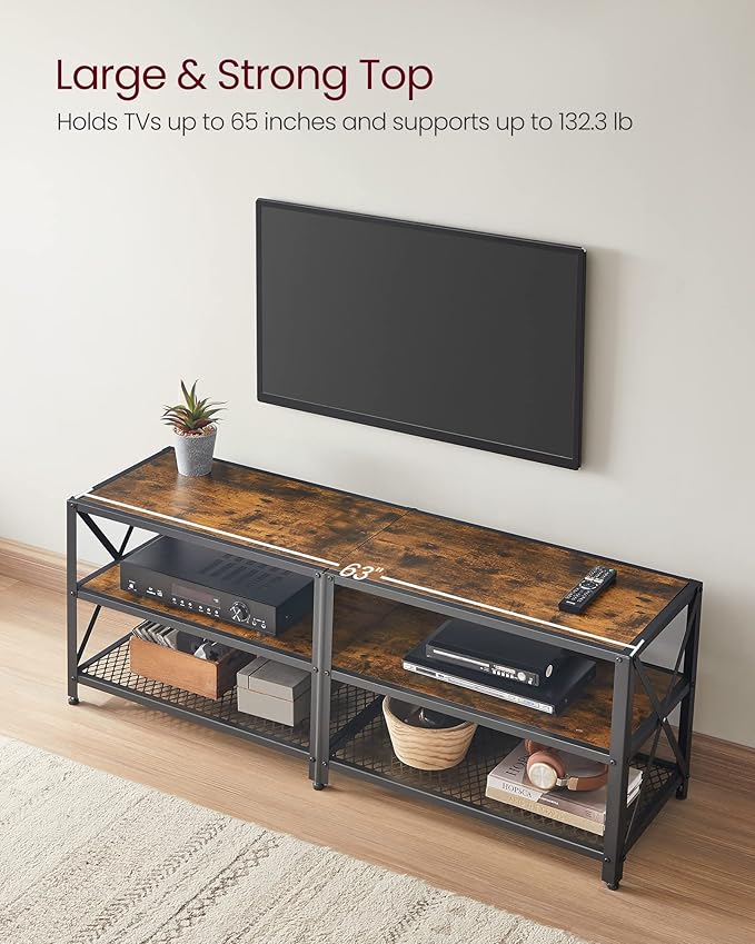 VASAGLE TV Stand TV Console for TVs Up to 65 Inches TV Table 55.1 Inches Width TV Cabinet with Storage Shelves Steel Frame for Living Room Bedroom Rustic Brown and Black ULTV094B01