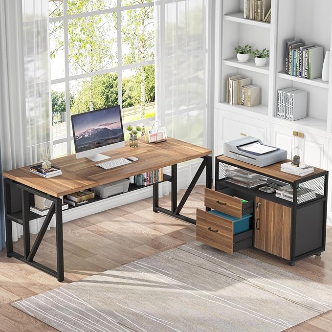 Tribesigns 63 Executive with Drawer Cabinet L Shaped Desk and Lock lateral File Cabinet 2 Piece Home Office Furniture Set with Drawers for Hanging File (Brown 63 inches)