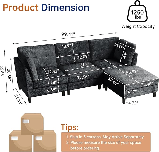 100 Sectional Couches for Living Room Modular Sectional Sofa Couch Modern Linen L Shaped Couch 4 Seater Convertible Sofa for Living Room Apartment Office Dark Grey