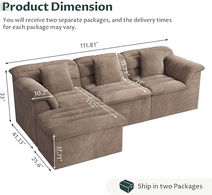 112 Modular Cloud Sectional Couch with Ottoman Modern Upholstered Compressed Sofa with Deep Seat Comfy L-Shape Corduroy Couches for Living Room No Assembly Required Camel