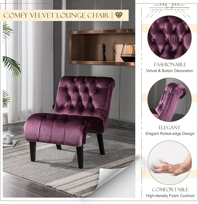 KINFFICT Velvet Accent Lounge Chair for Living Room Modern Leisure Chair with Tufted Backrest Indoor Armless Side Chair Upholstered Bedroom Sleeper Chairs with Solid Wood Legs