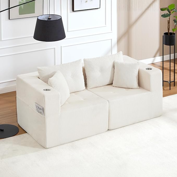 73 Loveseat Modular Sectional Sofa Oversized 2-Seater Boneless Tufted Cloud Couch with Cup Holder Corduroy Upholstery Small Couches for Living Room No Assembly Beige