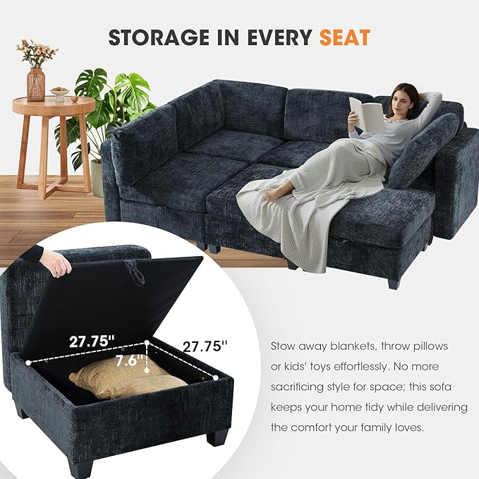 6 Seat Modular Sectional Sofa with Storage Convertible Sectional Couch Modular Sofa with Chaise Living Room Furniture Sets U Shaped Couch with Ottoman Couches for Living Room Black Textured