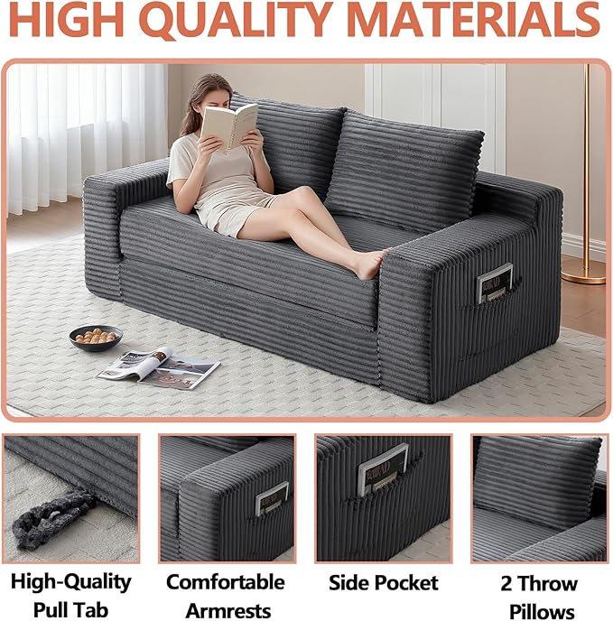 73“ Boneless Loveseat Couch 2 in 1 Pull Out Sleeper Sofa with Side Pockets &amp 2 Pillows Folding Convertible Corduroy Floor Couch for Apartment Living Room Bedroom No Assembly(Grey)