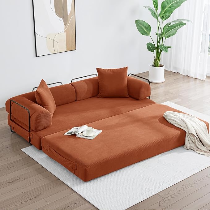 79 Inch Convertible Sleeper Sofa Bed 5 in-1 Boneless Floor Couch Bed with Fixed-Shape Frame Modular Floor Sofa Futon Couch for Living Room RV Studio Bedroom Small Spaces Orange