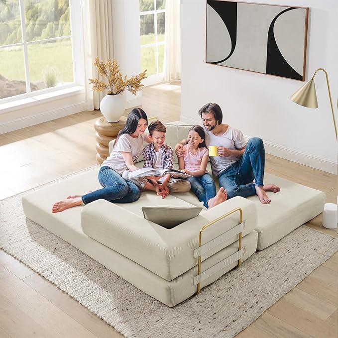 Convertible Folding Sofa Bed Corduroy Sleeper Mattress Couch with Fixed-Shape Frame Free Combination Loveseat Lounge Floor Sofa Queen Size Memory Foam Couch for Living Room Bedroom Beige