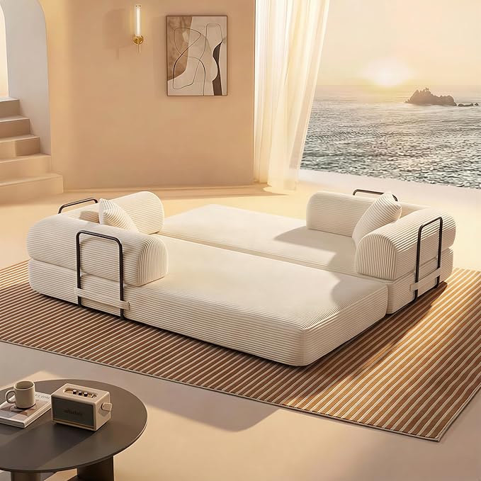 Convertible Sleeper Sofa Bed Folding Floor Mattress Couch with Fixed-Shape Frame Futon Boneless Couch Lounge Loveseat with Pull Out Bed No Assembly Required Beige White