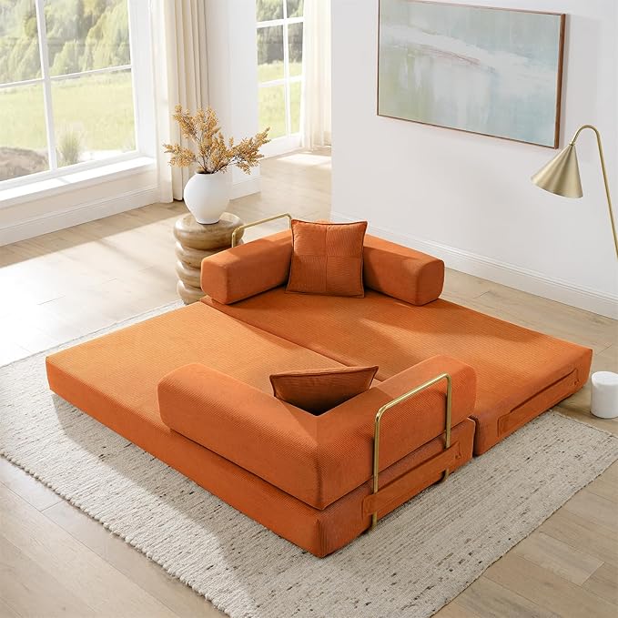 Folding Sofa Bed Convertible Sleeper Sofa Bed with Gold Fixed-Shape Frame Corduroy Floor Couch Lazy Compression Sofa for Living Room Bedroom Home Theater Orange