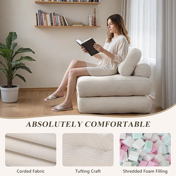 Folding Sofa BedConvertible Sleeper Chair for Adults Folding Sofa Bed Foam Filling Couch with PillowSleeper Chairs Single Size Floor MattressWhite