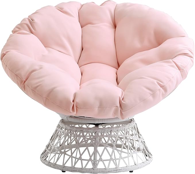 OSP Home Furnishings Wicker Papasan Chair with 360-Degree Swivel Cream Frame with Pink Cushion