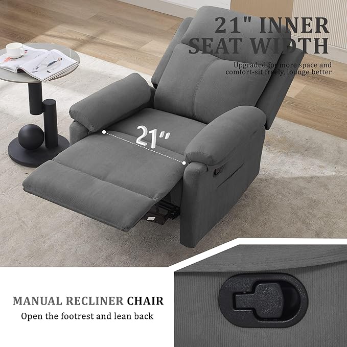Recliner Chair Manual Recliner for Adults with Side Pocket Small Recliners for Small Spaces Adjustable Comfy Overstuffed Corduroy Reclining Chairs for Living Room Reading Bedroom Grey