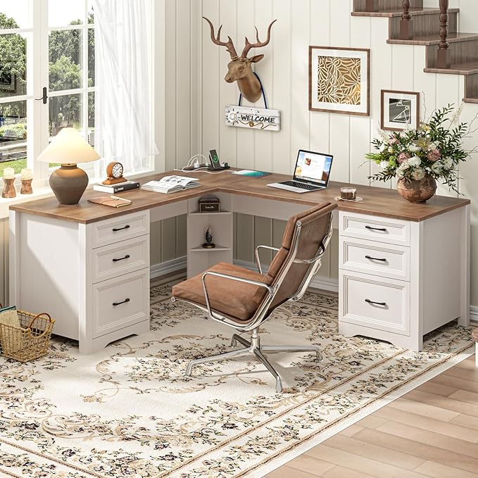Vabches Wood L Shaped Executive Desk with 6 Drawers Farmhouse Home Office Desk with Power Outlets and Triangle Under-Desk Storage Shelf &amp Drawer File Cabinet Corner Computer Desk Brown