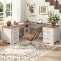 Vabches Wood L Shaped Executive Desk with 6 Drawers Farmhouse Home Office Desk with Power Outlets and Triangle Under-Desk Storage Shelf &amp Drawer File Cabinet Corner Computer Desk Brown