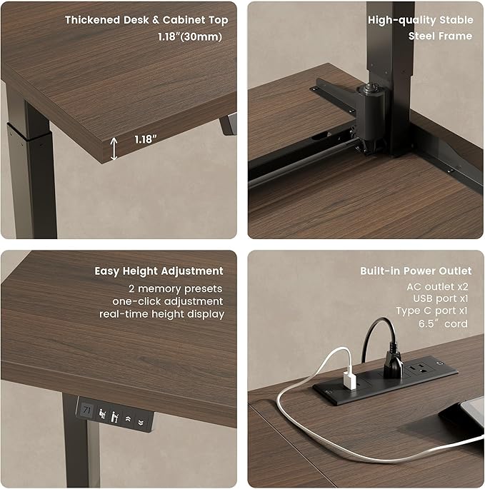 Home Office Furniture Set 114 Standing Desk with 2 File Cabinets AC/USB Extra Long Double Desk for 2 Person Electric Height Adjustable for Home and Office Black Walnut